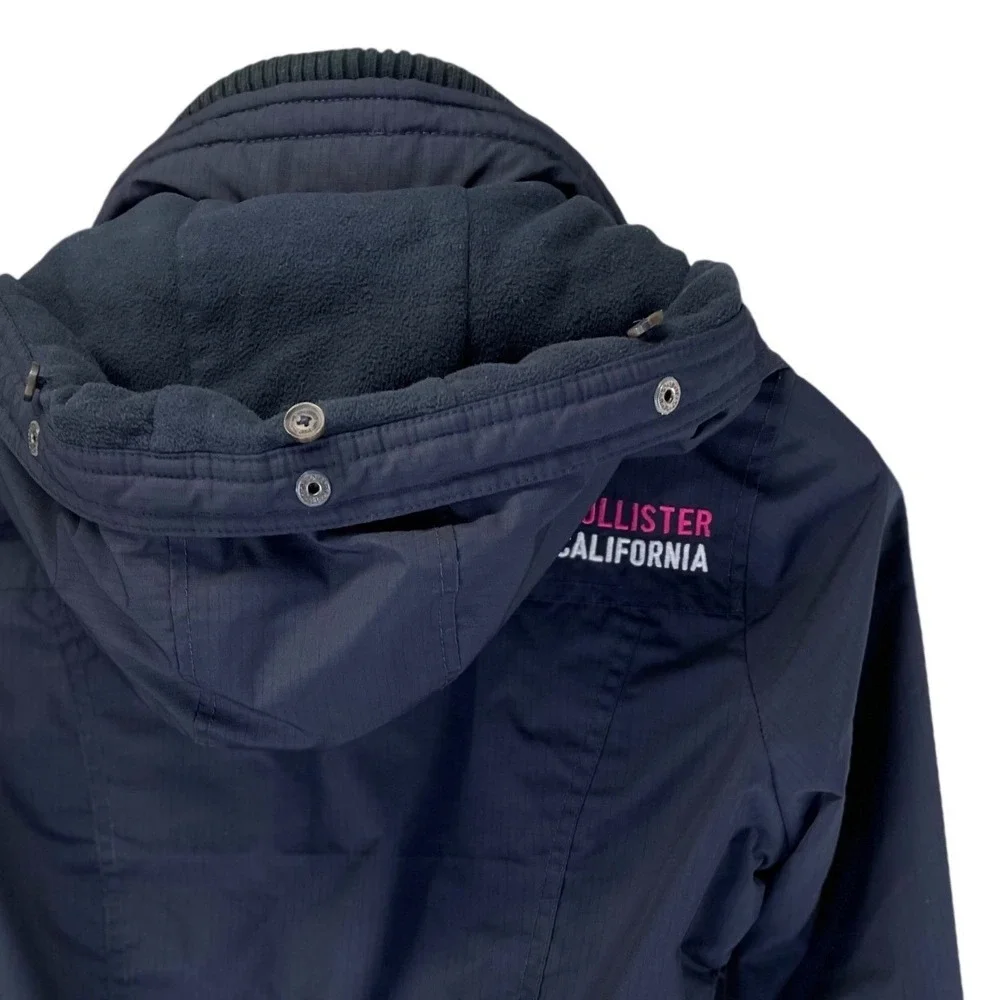 Hollister Navy Blue All-Weather Jacket Fleece Lined Removable Hood XS No Fur - Picture 6 of 15